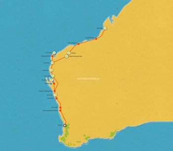 Route map for 10 Day Broome to Perth