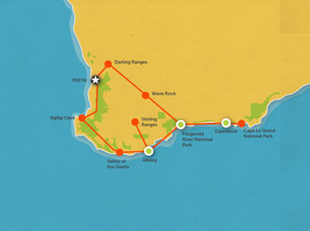 Route map for 6 Day Margaret River & Esperance Tour