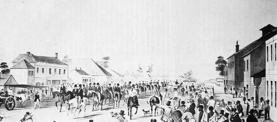 Captain Charles Sturt leaving Adelaide in 1844 in search of an inland ocean in Central Australia.