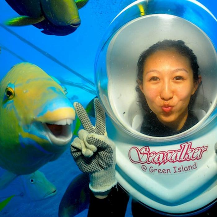 Great Adventures Green Island Eco (Snorkel Gear or Glass Bottom Boat) + Seawalker Helmet Dive