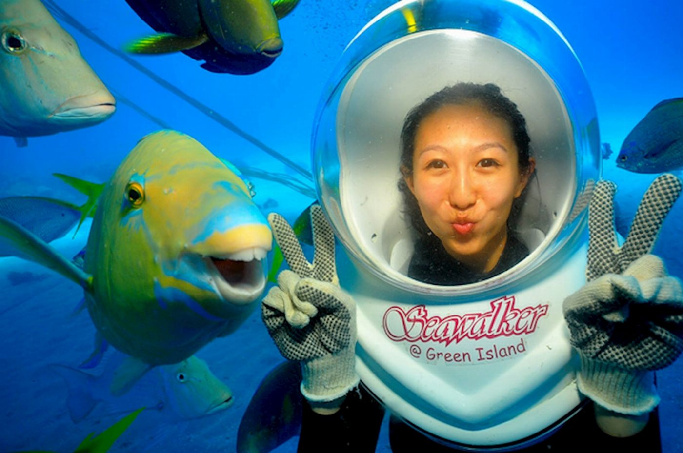 Great Adventures Green Island Eco (Snorkel Gear or Glass Bottom Boat) + Seawalker Helmet Dive
