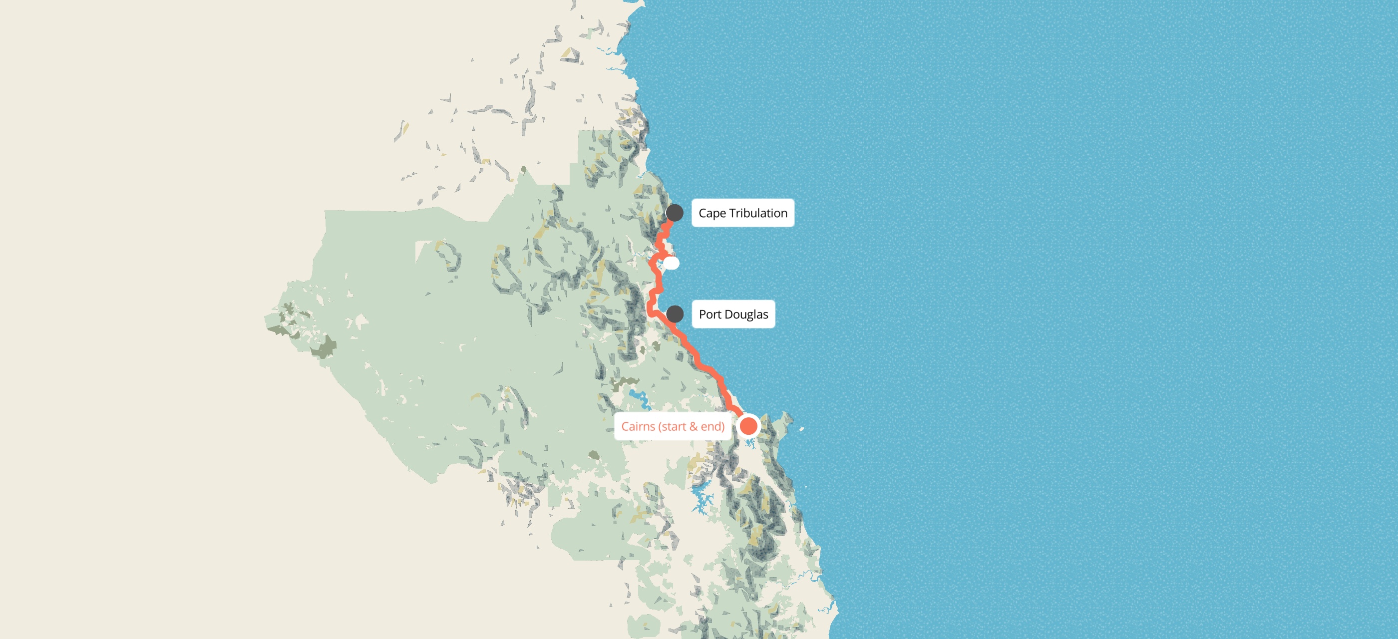 Route map for 1 Day Cape Tribulation Tour