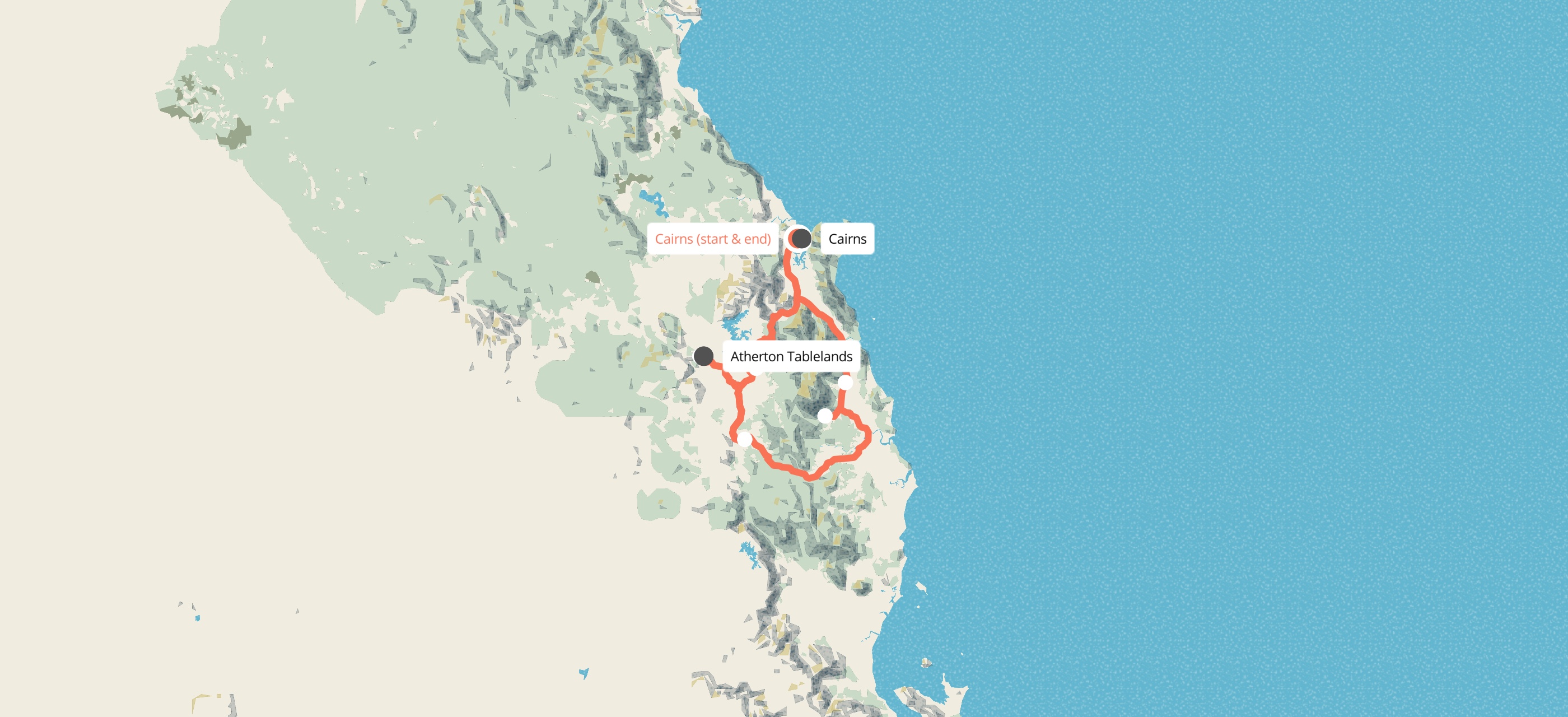 Route map for 1 Day Atherton Tablelands Tour