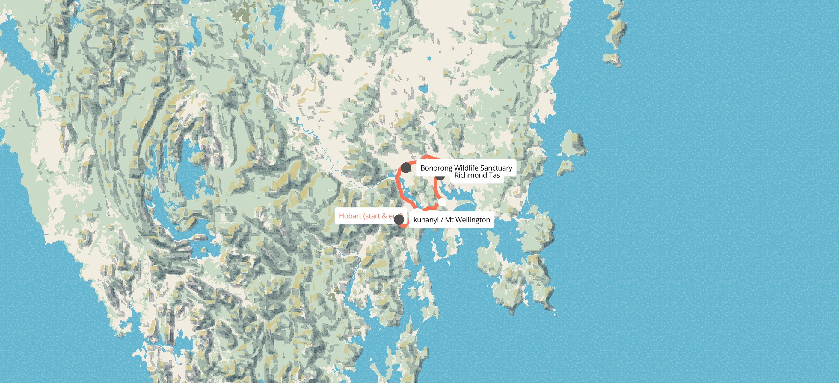 Route map for 1 Day Hobart Highlights Tour