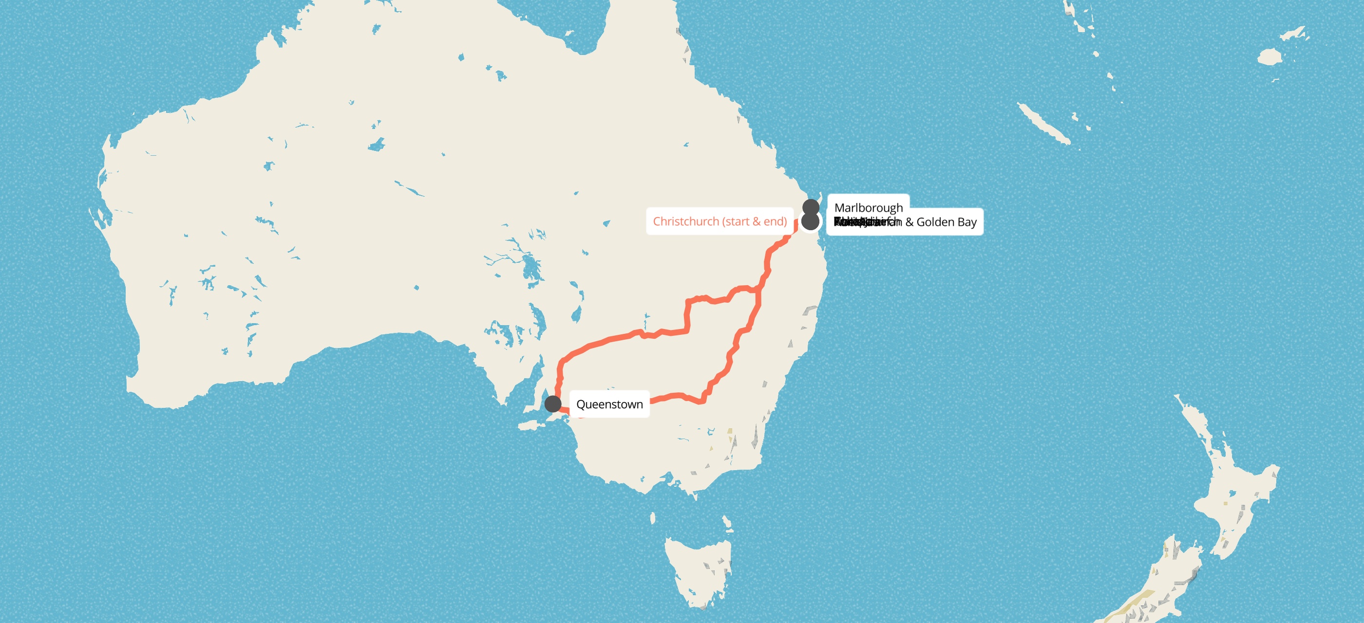 Route map for 14 Day Big South New Zealand Tour