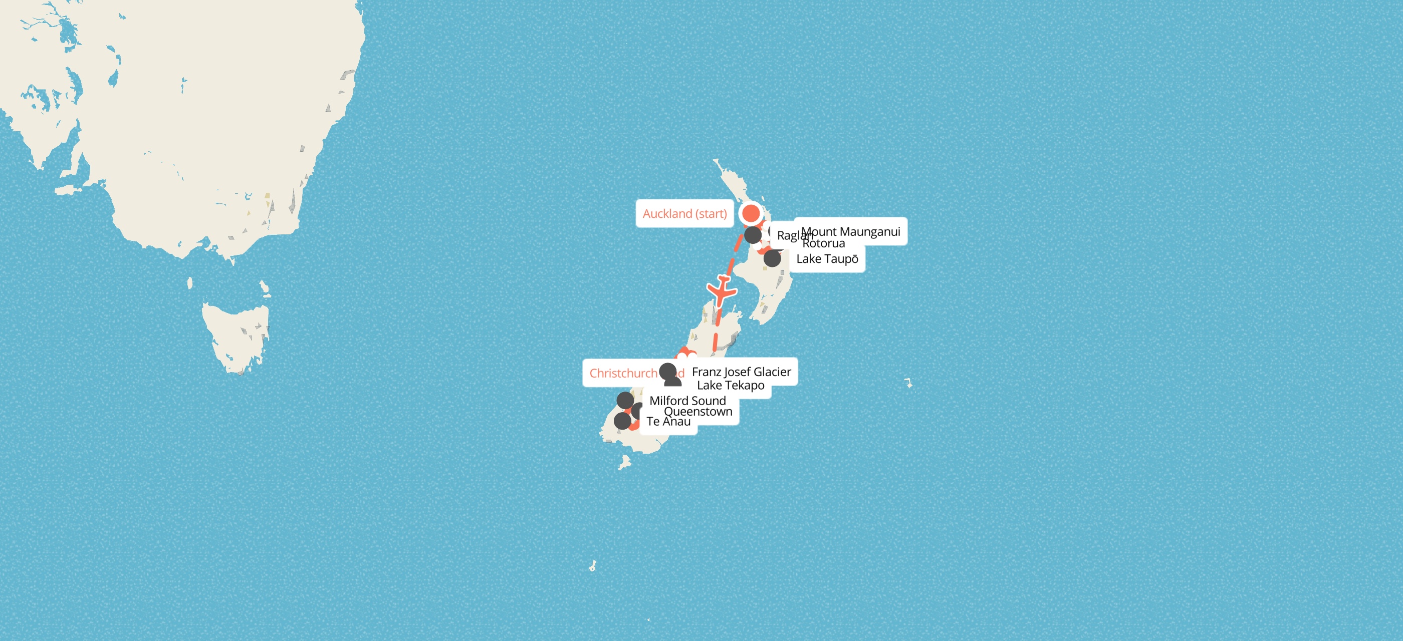 Route map for 14 Day New Zealand Highlights Tour