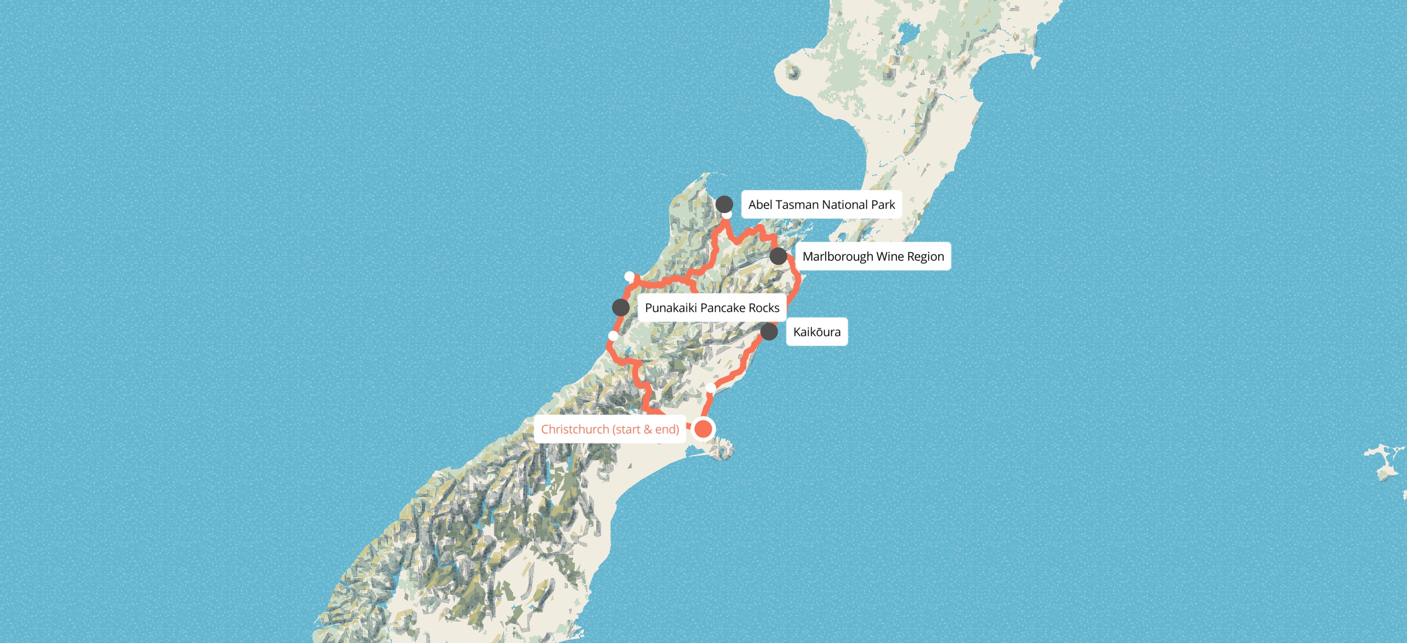 Route map for 7 Day South Island Pioneer Tour