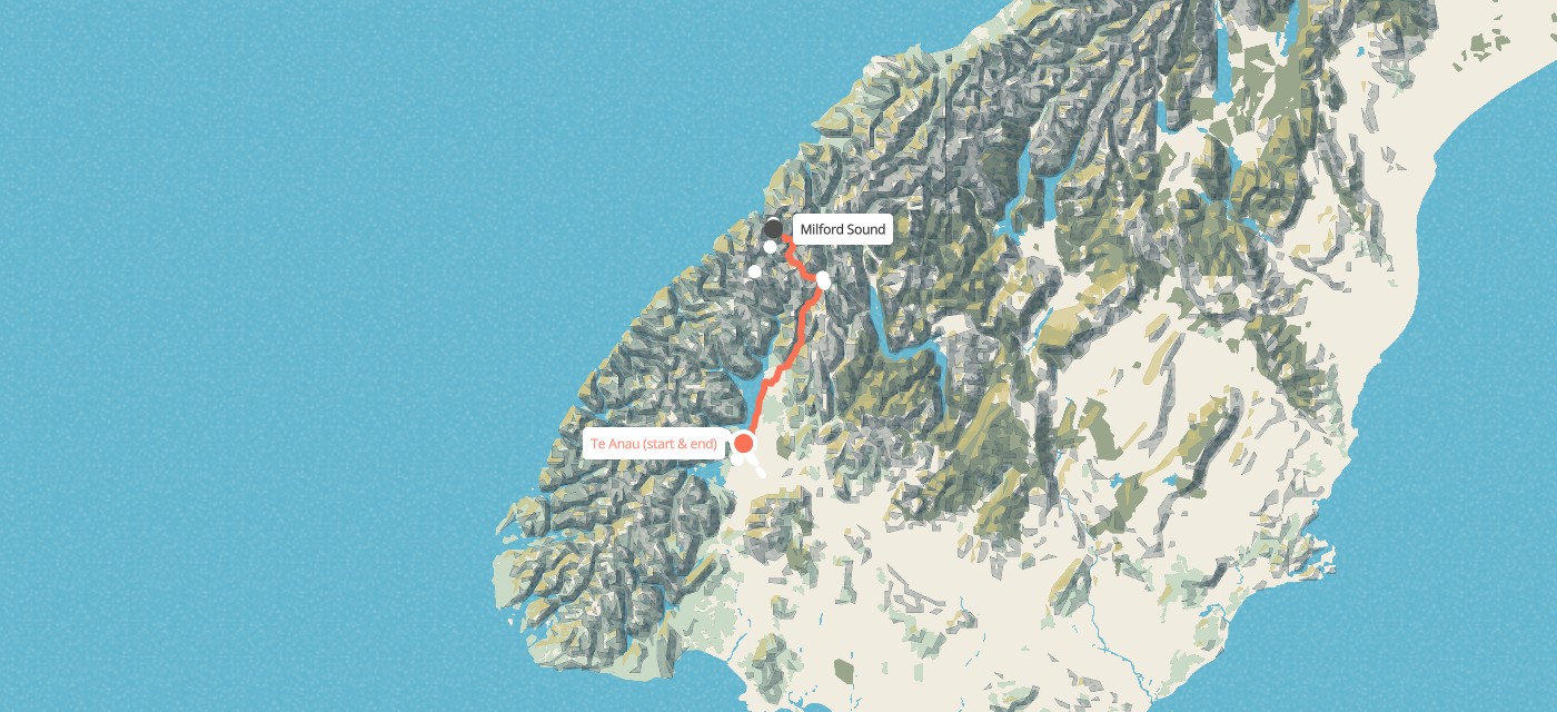 Route map for 3 Day Fiordland Great Walks