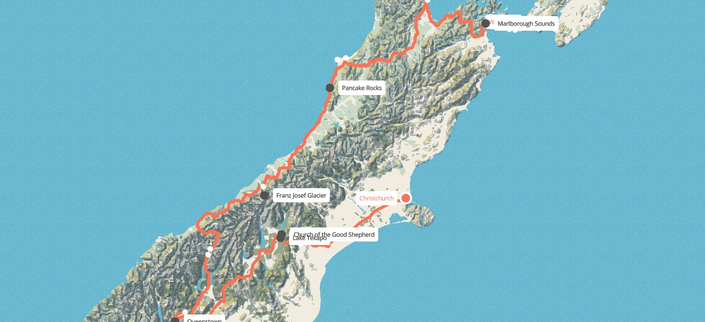 Route map for 12 Day Essential South Island