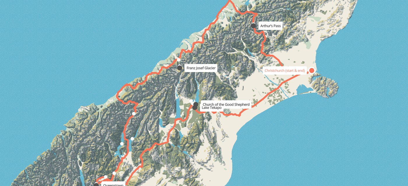 Route map for 9 Day South Island Express