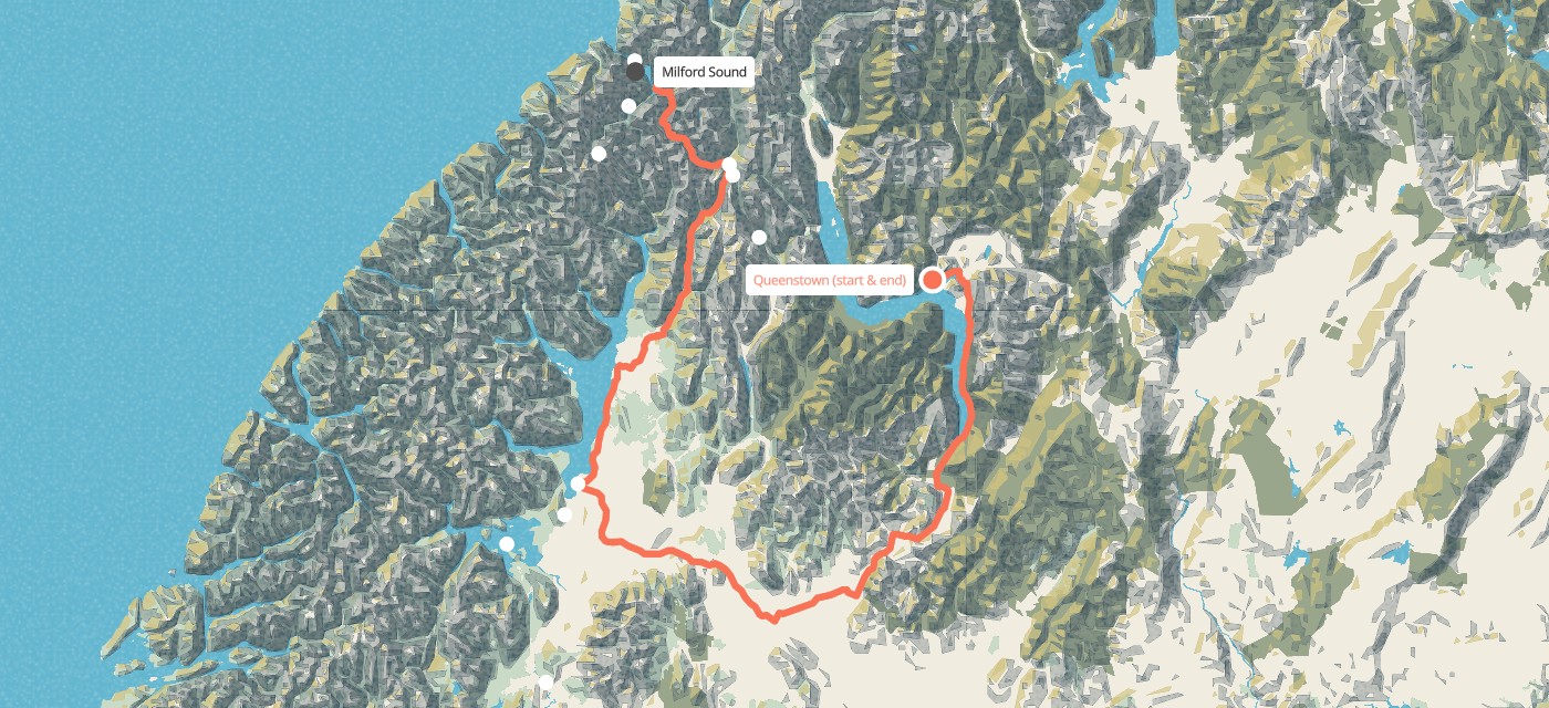 Route map for 4 Day Fiordland National Park Walk