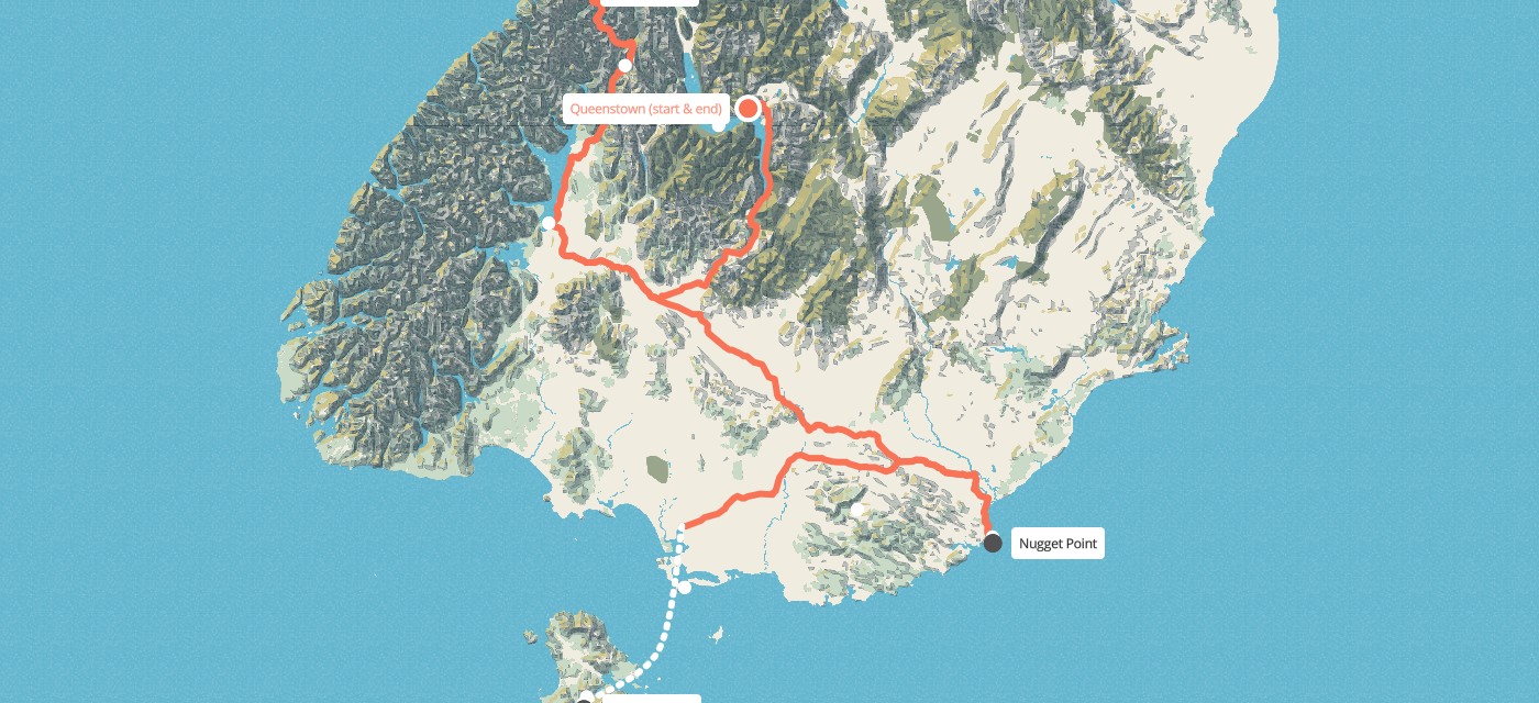 Route map for 6 Day Queenstown Southern Loop