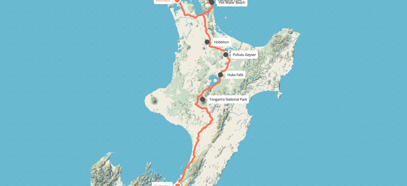 Route map for 10 Day North Island