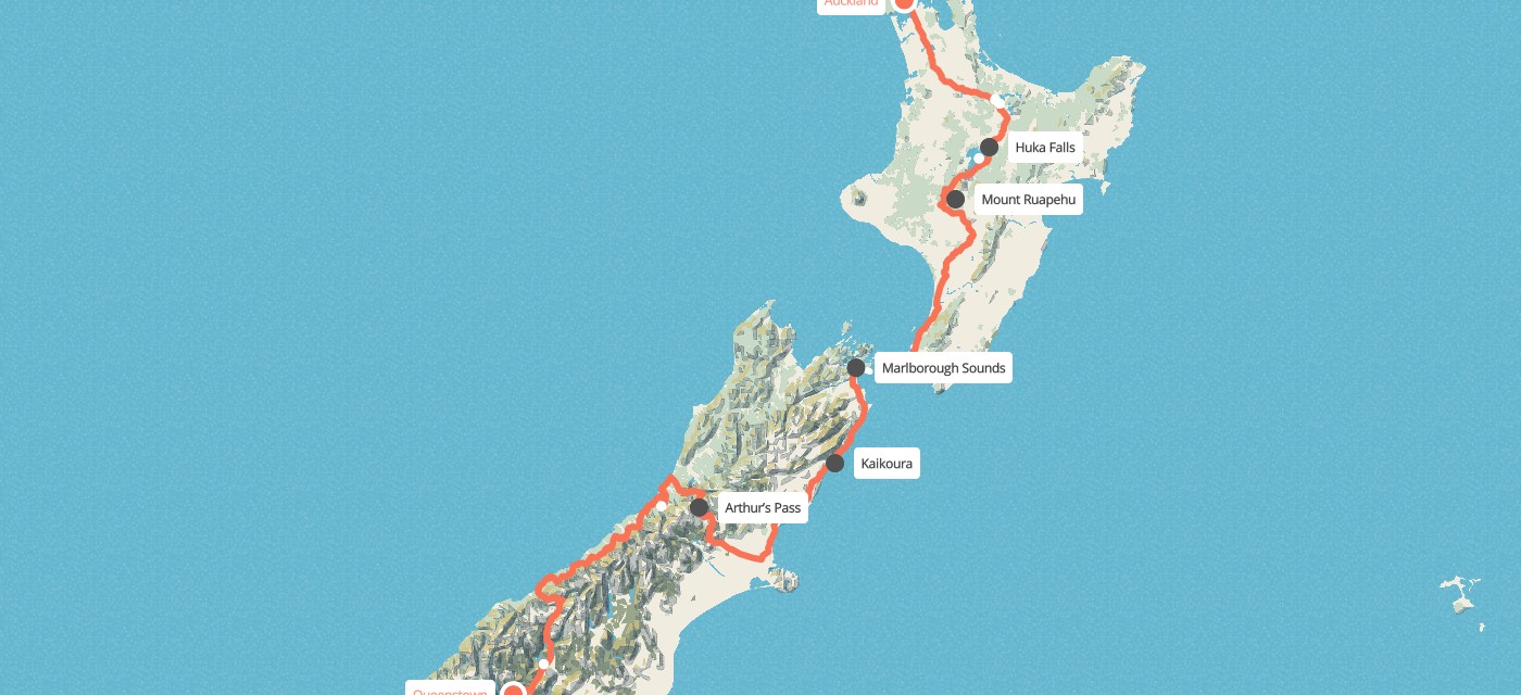 Route map for 15 Day Panorama Auckland to Queenstown