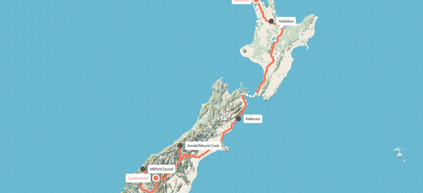 Route map for 21 Day New Zealand Highlights